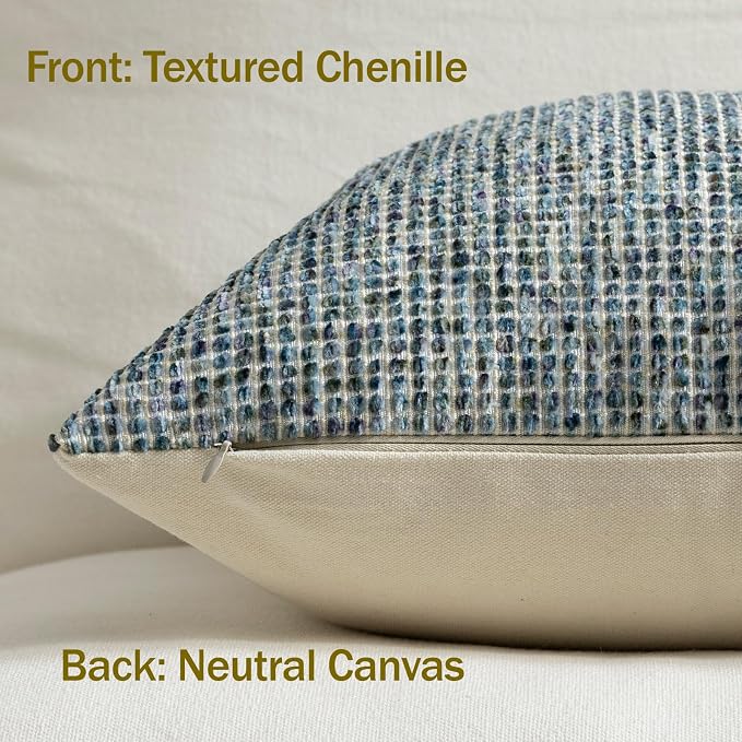 Pack of 1 Neutral Lumbar Pillow Covers 12x20 Boho Textured Dots Stripe Chenille Rectangular Decorative Throw Pillow Cases Accents for Living Room Couch Bed Farmhouse Home Decor, Turquoise Blue