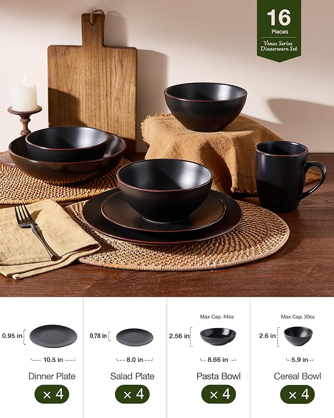 Famiware Venus Stoneware Dinnerware Set with Pasta Bowls for 4, 16 Pieces Chip Resistant Plates and Double Bowls, Matte Black - Dishes with Trim for Everyday & Formal Use, Microwave & Dishwasher Safe