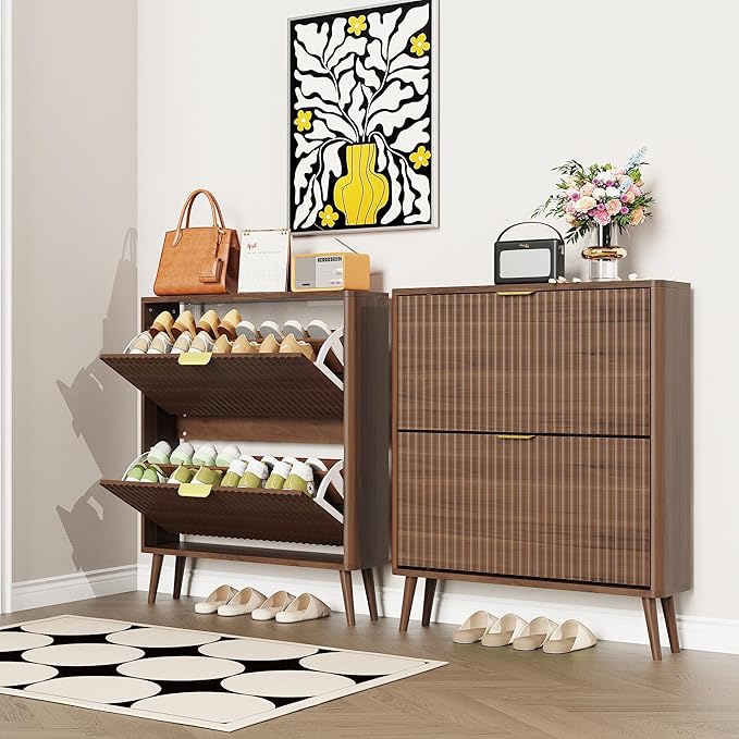 KIGOTY Narrow Shoe Storage Cabinet, Shoe Cabinet with 2 Flip Drawers, Freestanding Shoe Organizer with Legs for Entryway, Slim Shoe Rack Cabinet for Enterway (Walnut)