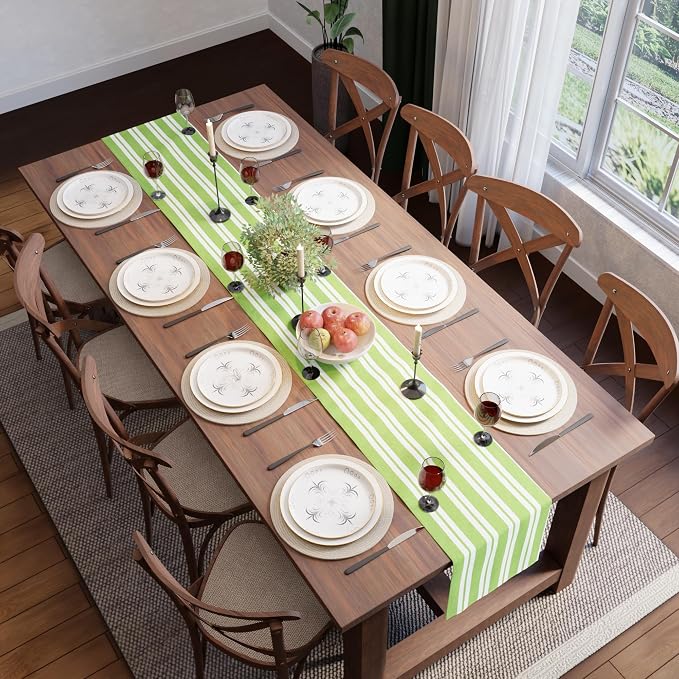 Encasa XO Cotton Dining Table Runner | Franca Lime Stripes | Size 13x72 in - Machine Washable & Durable