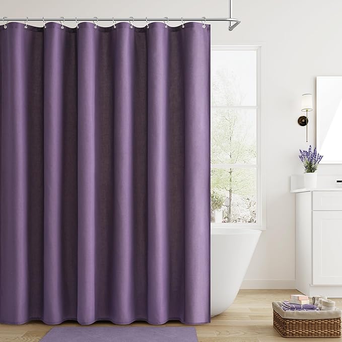 Naturoom Purple Linen Shower Curtain, Country Boho Farmhouse Bath Decor Shower Curtains Neutral Cloth Weighted Textured Fabric Bath Curtain Liner with Hooks, 72x80