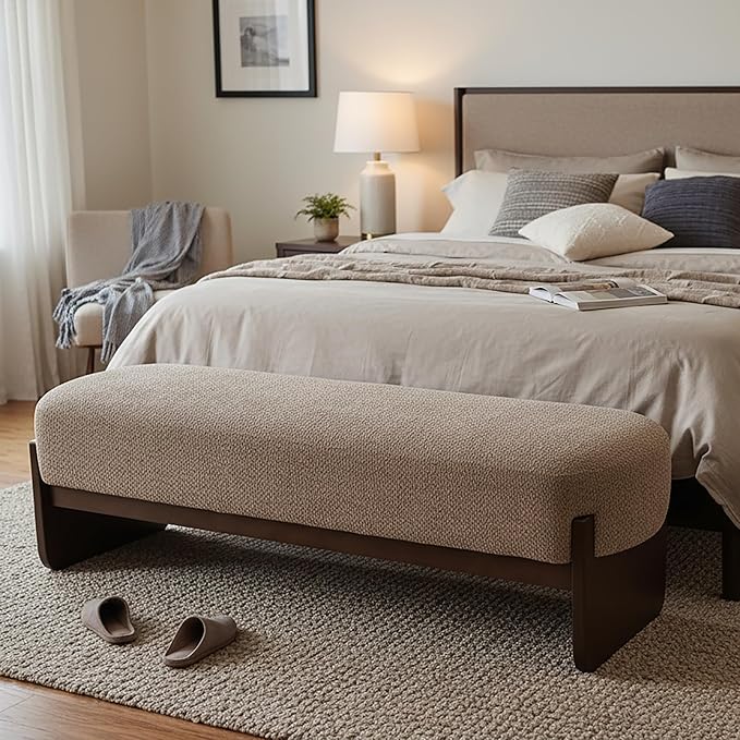Christopher Knight Home Arden Minimalist Style Rectangular Loop Yarn Fabric Ottoman Bench, Rubberwood Frame, Entryway Bench, Living Room Sofa Extra Seat, End of Bed Footstool, Brown+Brown