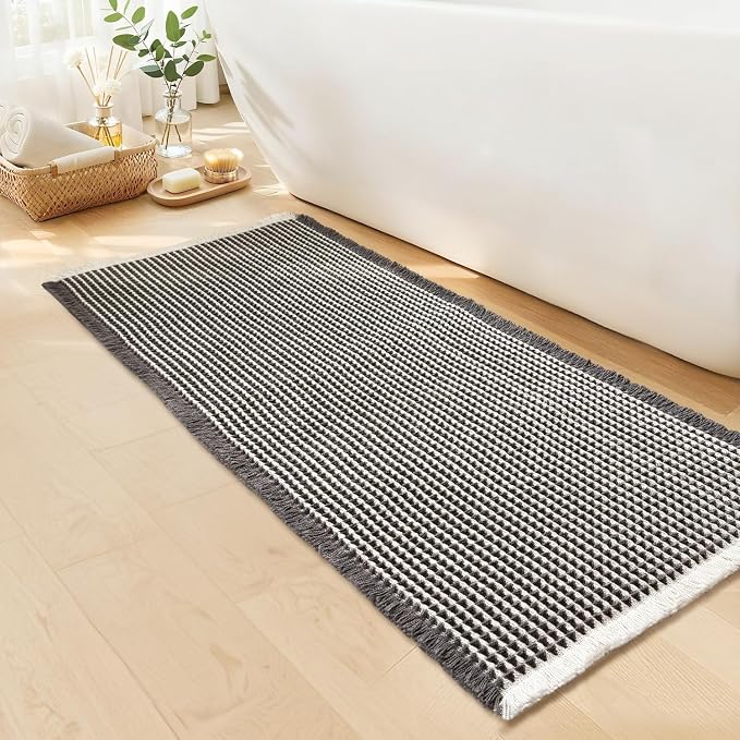 Waffle Runner Bath Mat - Long Boho Bathroom Rugs Non Slip Washable, Super Absorbent & Quick Dry, Soft Bath Mat Farmhouse Bathroom Decor, 24'' x 60'', Dark Grey and White