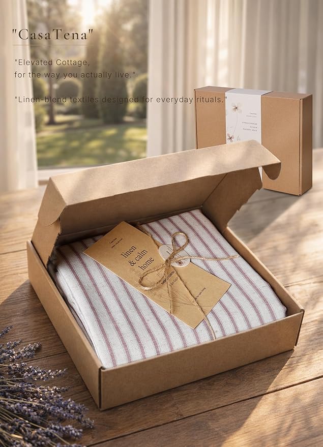Farmhouse Striped Shower Curtain - 72x72 Inches, Linen Blend Fabric, Breathable & Machine Washable, Rustic Rust for Bathroom Decor (Hooks/Liner Not Included)