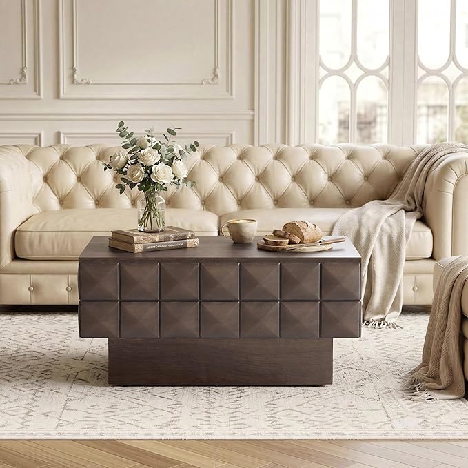 LKTART 31.89" Square Coffee Table with Hidden Storage, Mid-Century Modern Center Table with 3D Sculpted Texture, Lift-Off Flip Top Coffee Tables for Living Room Blankets & Pillows, Real Wood Veneer