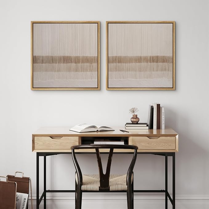 SIGNFORD Framed Canvas Print Wall Art Set Neutral Stripe Abstract Beige & Taupe Illustrations Modern Art Minimal Relax/Calm for Living Room, Bedroom, Office - 16"x16"x2 NATURAL
