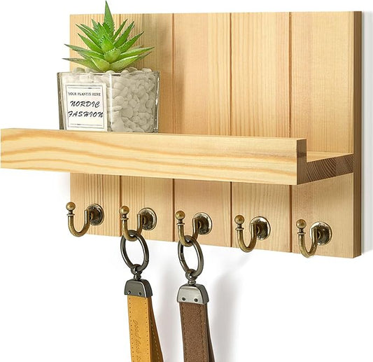 Rebee Vision Pine Wood Key Holder Wall Mount with 5 Hooks and Shelf – Farmhouse Key Holder for Wall for Entryway Organization – Perfect for Mail & Letters (Orginal Wood,3.54" x 10" x 7.28")