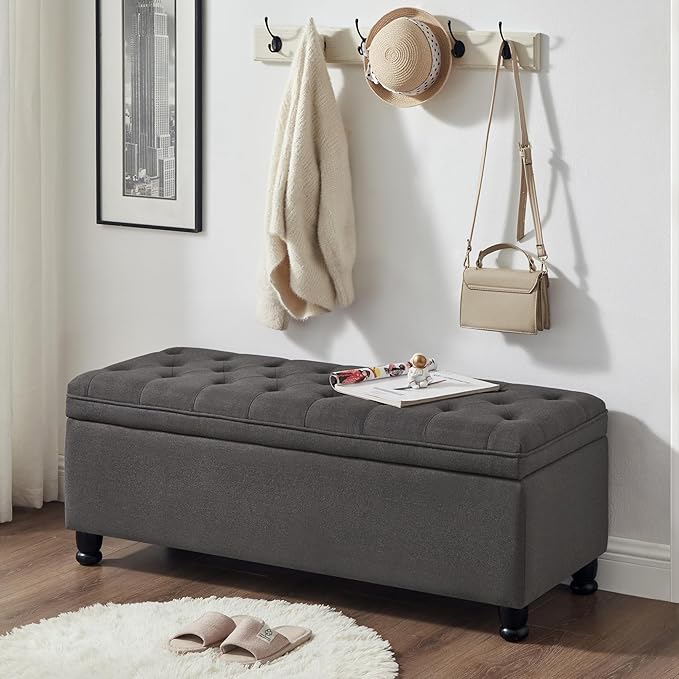 Upholstered Tufted Button Storage Bedroom Bench,Classic Linen Fabric Storage Ottoman Bench for End of Bed with Solid Wood Leg,Living Room,Entryway,Dark Gray