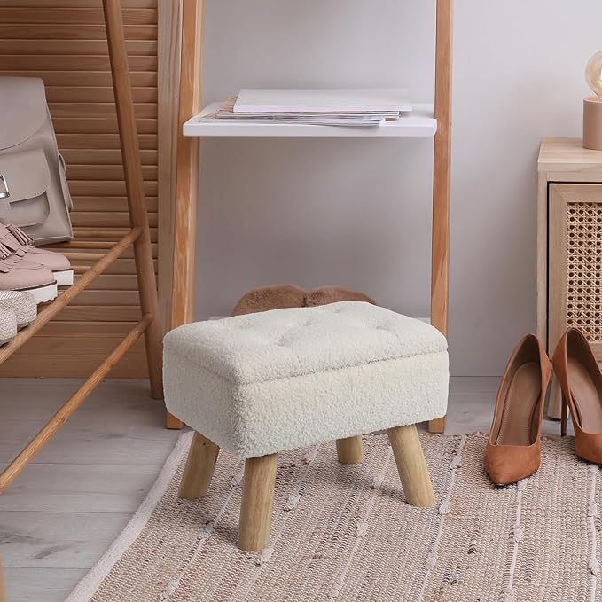 OGEMXU Storage Ottoman, Small Foot Stool Ottoman with Storage, Boucle Teddy Velvet Foot Rest with Padded Seat, Sturdy Wood Legs Stool for Living Room, Bedroom, Couch, Enterway (Cream)
