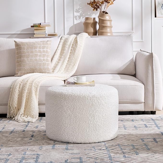 Flouki Pouf Ottoman Footrest, Foot Stools, Modern Round Upholstered Ottomans, Ottomans Pouffe, for Living Room, Bedroom, Entryway, Dorm, Selected Sherpa Fabric (White, Set of 2)