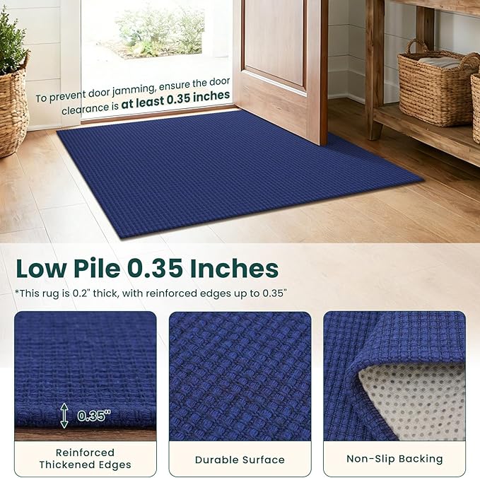 KOZYFLY Cotton Runners for Hallway 3x8, Wide Washable Runner Rug, Woven Non Slip Kitchen Runner, Braided Entryway Rug, Floor Carpet for Foyer, Bedroom, Hall, Royal Blue/Navy