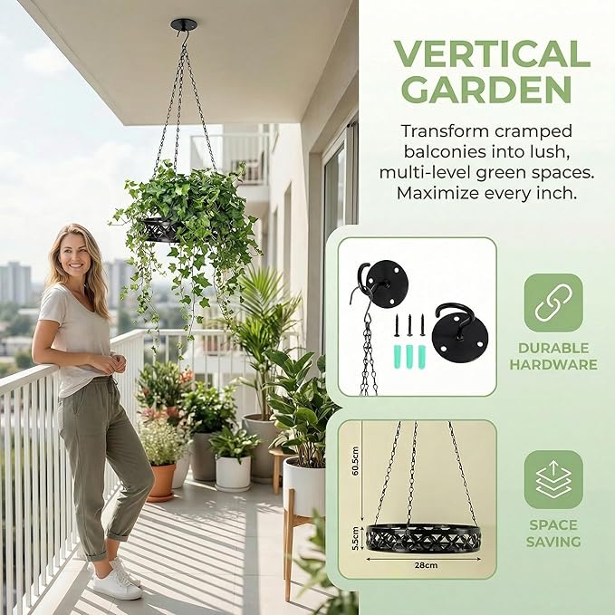 Hanging Planter with Metal Chain & Wall Hook, Stylish Indoor Outdoor Plant Hanger with 11 Inch Pot for Patio, Balcony, Porch Home Decor