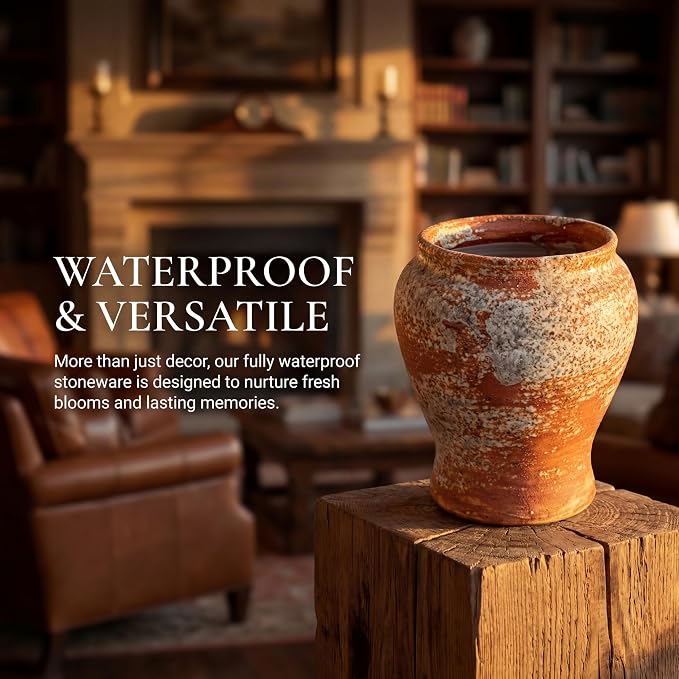 Brown Rustic Ceramic Flower Vase for Home Decor, Handmade Vintage Stoneware Pottery Terracotta Textured for Farmhouse, Living Room, Office Desk Table Shelf 6.7 in