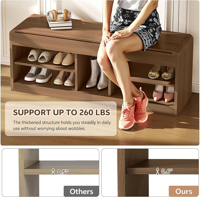 Shoe Storage Bench, 47.2in Entryway Bench with Flip-Open Storage Box, 2 Tier Shoe Rack Organizer with Shelf, Entryway Cabinet for Hallway Living Room Bedroom, Walnut