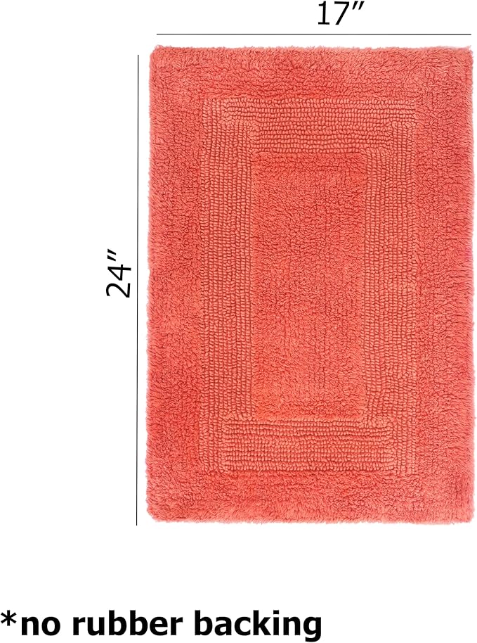 COTTON CRAFT Luxurious Bath Mat Rug - Set of 2 Reversible Heavyweight Step Out Bath Mats for Bathroom Floor, Tub and Shower - Pure Cotton Soft Plush Absorbent Tufted Racetrack Mat - 17 x 24 in - Coral