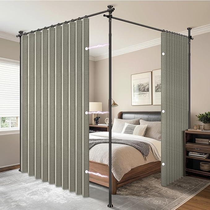 AJAZZ Privacy Curtains for Room Divider with Blackout & Soundproof (2 Panels, Grey, W100 x L84 in)+ No Drill Curtain Rods(H) 43-120×(W) 35-200 in, Wall Divider for Bedroom/Studio/Office Curtain