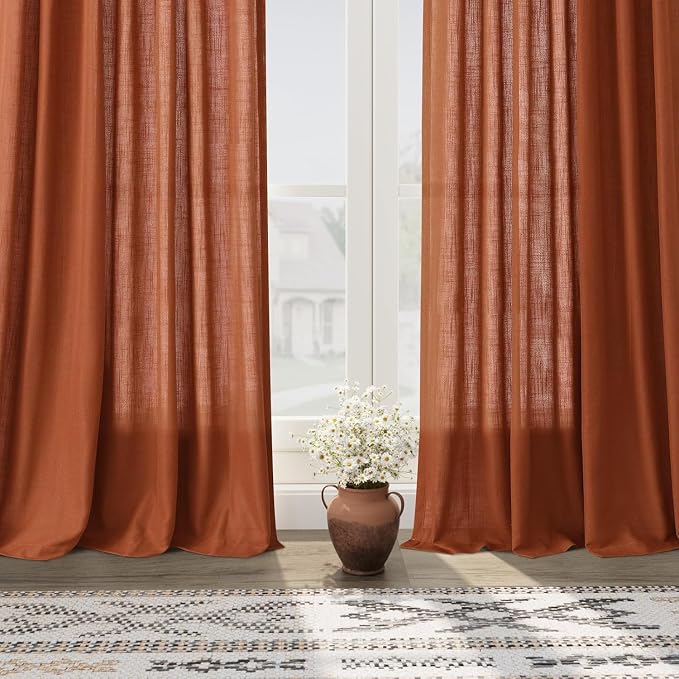 Nanspring Extra Wide Terracotta Curtains for Living Room 96 Inches Long Back Tab and Rod Pocket Linen Light Filtering Semi Sheer Farmhouse Boho Curtain for Bedroom Office Luxury 100x96, 2 Panels
