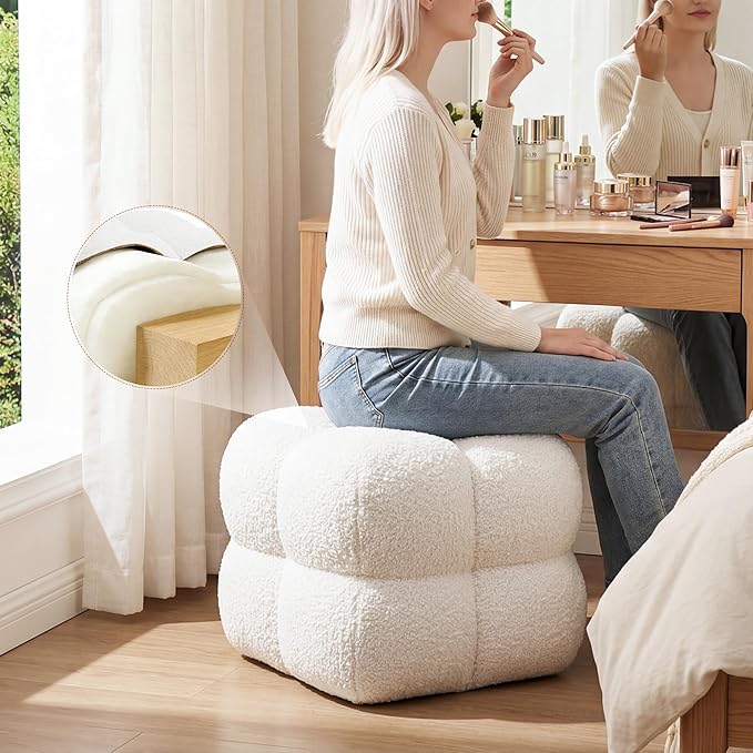 Zesthouse Square Pouf Ottoman, Modern Ottoman Coffee Table for Living Room, Fuzzy Sherpa Couch Foot Rest, Upholstered Tufted Cube Stool for Couch, White