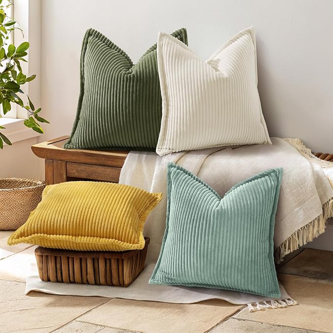 decorUhome Summer Corduroy Teal Throw Pillow Covers 16x16 Set of 2 Decorative Soft Boho Farmhouse Couch Pillow Covers for Living Room Bed Sofa Broadside Striped Pillow Cases