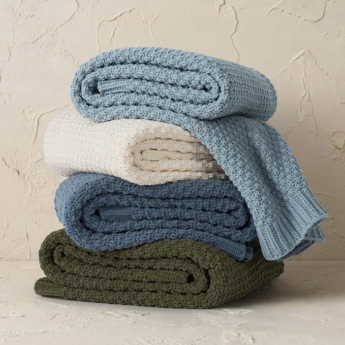 EVERGRACEHOME Chunky Chenille Knit Throw Blanket for Couch, Soft Luxurious Moss Stitch Blankets for Bed, Cozy Decorative Farmhouse Knitted Throws for Sofa, Chambray Blue, 60" x 80"