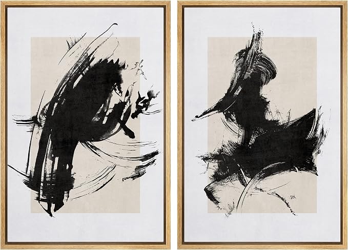 SIGNWIN Framed Canvas Print Wall Art Set Black Ink Paint Stroke & Brown Square Abstract Geometric Illustrations Graffiti & Street Art Modern Art for Living Room, Bedroom, Office - 24"x36"x2 Natural
