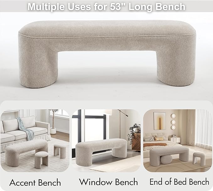Hyfirm 3-Pieces Modern Upholstered Ottoman Waterfall Bench for Bedroom End of Bed, 53" Chenille Entryway Bench Sets, Comfy Indoor Narrow Window Bench Bed Stool Living Room Bedroom, Oatmeal