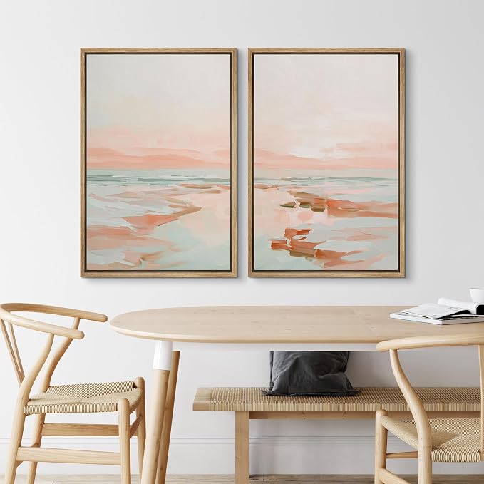 SIGNLEADER Framed Canvas Print Wall Art Set Soft Abstract Coastal Seascape Pastel Beach Landscape Illustrations Modern Relax/Calm for Living Room, Bedroom, Office - 24"x36"x2 NATURAL