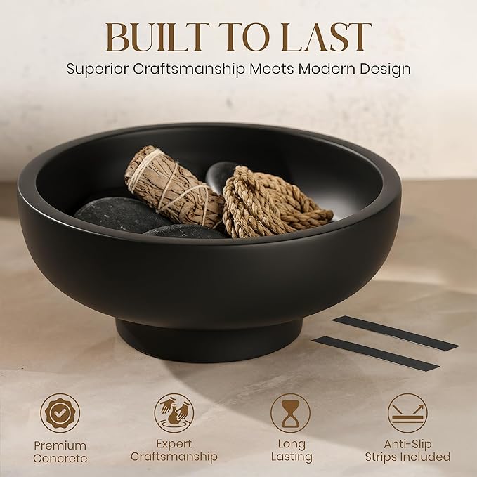 Handmade Concrete Decorative Bowl (Black) – Modern Minimalist Centerpiece for Coffee Table, Kitchen Counter & Entryway – Large 10” Artisan Fruit Bowl, Unique Home Decor Accent