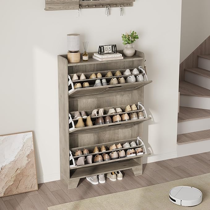IDEALHOSUE Shoe Cabinet Storage for Entryway, Slim Shoe Storage Cabinet with 3 Flip Drawers, Freestanding Hidden Narrow Shoe Organizer Cabinet with Hooks for Entrance, Foyer, Hallway, Gray