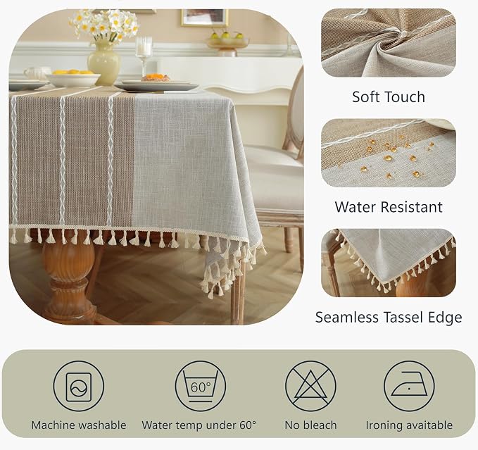 Alsoo Table Cloth Rectangle Table Rustic Waterproof Tablecloth Cotton Linen Wrinkle Free Spring Tablecloth for Party, Kitchen Dining, Holiday, Outdoor (Coffee Lines, 10-12 Seats, 55"x120")