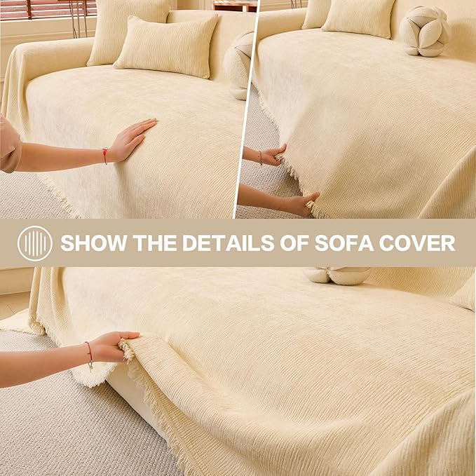DREAMINGO Chenille Sofa Cover Washable Pet Couch Protector Cover Textured Couch Cover Blanket for Living Room Modern Minimalist 3-Seater Sofa Slipcover, Cream White, XX-Large 71"x150"