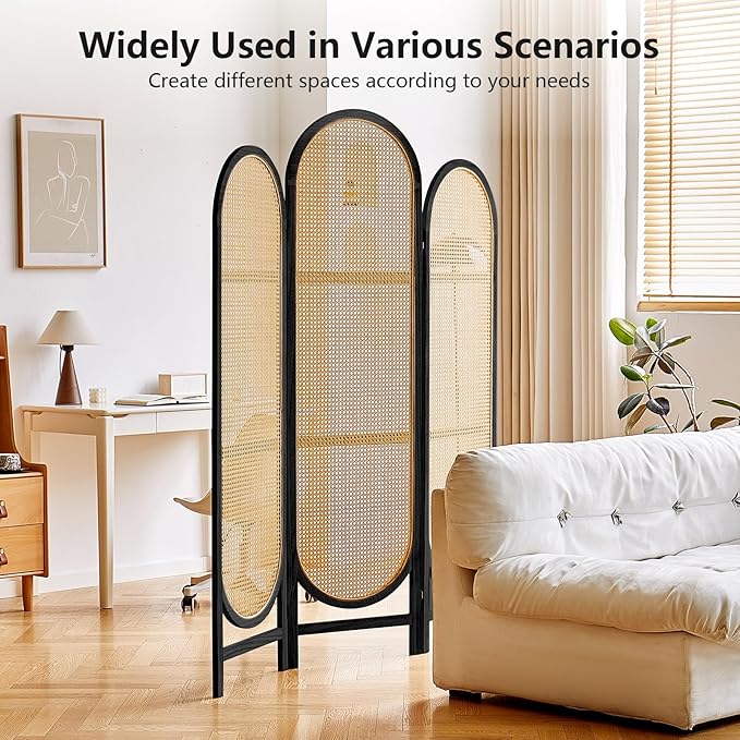 Room Divider 3 Panel, Hand-Woven Rattan Room Divider with Wooden Frame, Unique Design Foldable Privacy Screen, Portable Freestanding Partition Screen for Home Office, Bedroom, Black
