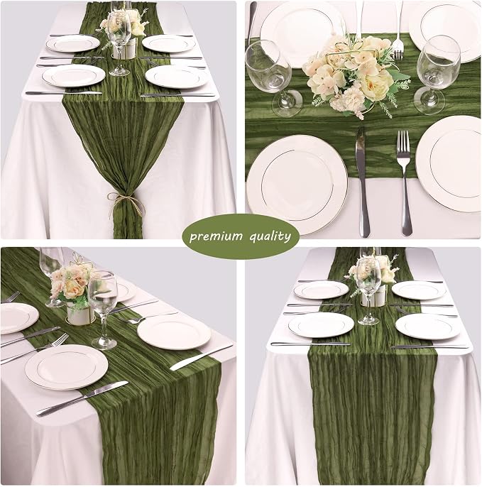 12 Pack 10Ft Cheesecloth Table Runner 35x120 Inch Boho Gauze Table Runner Rustic Cheese Cloth Long Romantic Table Runners for Wedding Bridal Shower Birthday Party Table Decor (Grass Green)