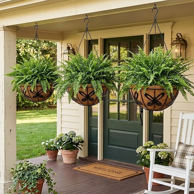 2 Pack Hanging Baskets for Plants Outdoor 10 Inch Butterfly Metal Hanging Planters with Coco Coir Liner, Round Hanging Flower Pots for Home Garden Patio Balcony Porch