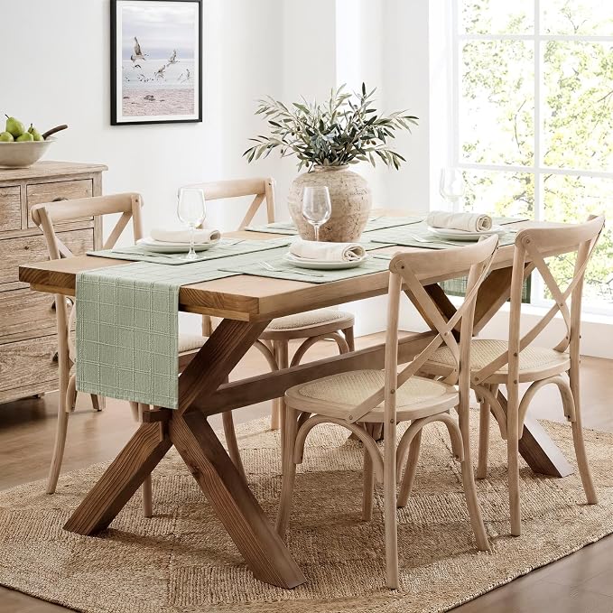 ZeeMart Linen Checked Farmhouse Table Runner, 13x108 Inches Seeding Green | Raised Grid Design, Rich Woven Texture, Linen Blend Table Runners 108 Inches Long, Machine Washable, Boho Home Kitchen Decor
