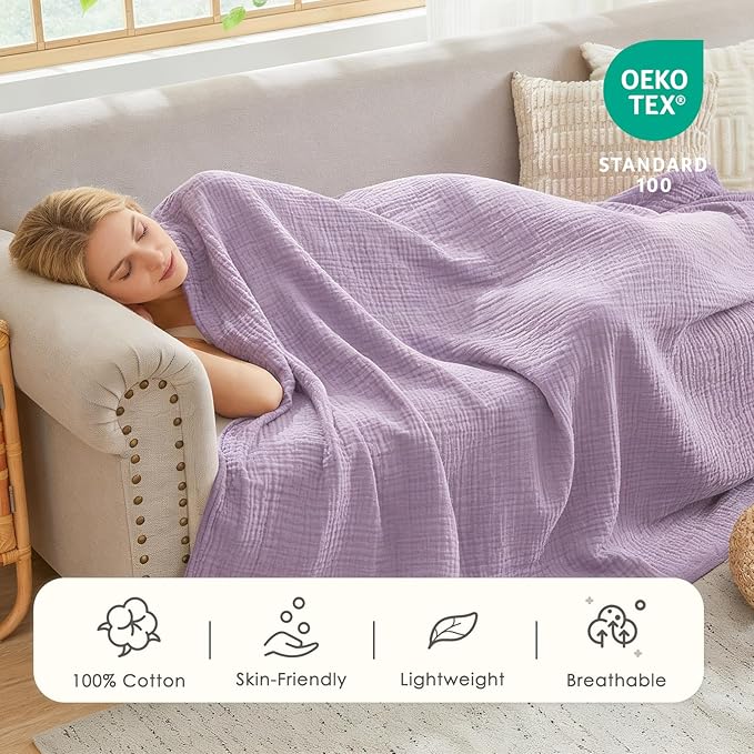 EMME Cotton Twin Blanket for Couch Soft Airy Muslin Bed Blankets Lightweight Breathable All Season Gauze, Lavender 60"x80"