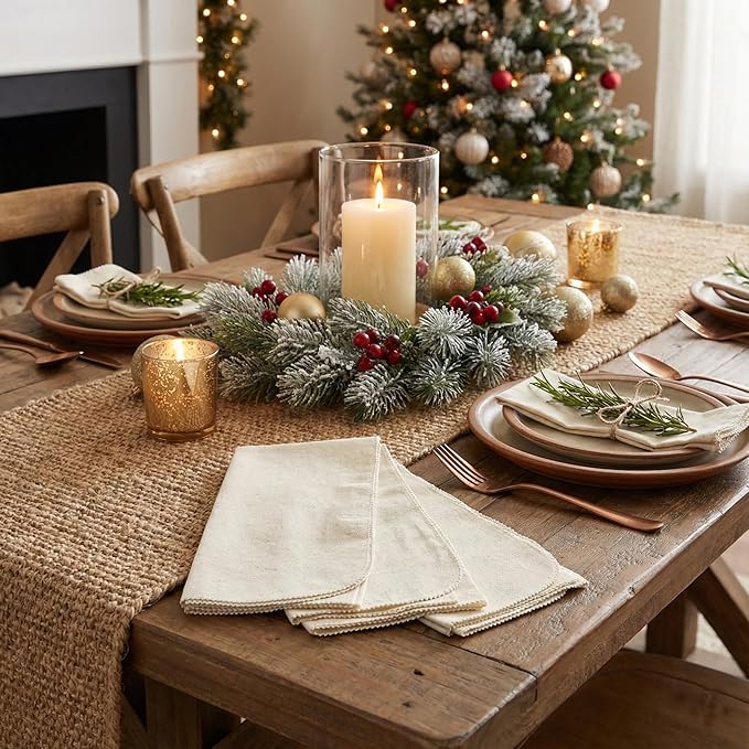 Lightnpro Cotton Flax Napkins Set of 12, Dinner Cloth Napkins with Pico Cut Edges, Washable and Reusable for Dining, Parties, Weddings, Holiday & Everyday Use - 18x18 Inch Natural Color