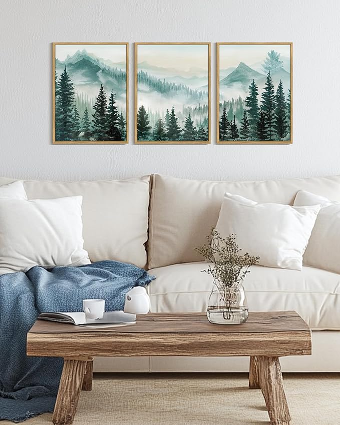 KUVIOKE Fog Pine Tree Mountain Landscape Framed Wall Art Watercolor Nature Misty Forest Painting Vintage Farmhouse Rustic Wall Decor for Bedroom Hallway 12x16in (Natural Framed)