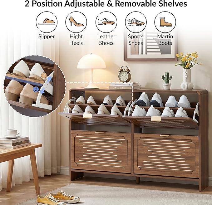 Shoe Storage Cabinet for Entryway with 4 Flip Drawers, Narrow Shoe Rack Organizer, Slim Freestanding Wood Hidden Shoe Cabinet with Adjustable Shelf for Hallway, Living Room (Walnut, 47.24'')
