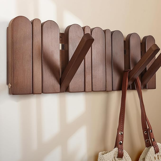 Wall Coat Rack for Entryway: Wooden Modern Heavy Duty 6 Hooks Retractable Wall Mounted for Small Spaces Hallway Bathroom Bedroom for Hanging Jacket Towel Backpack Bag