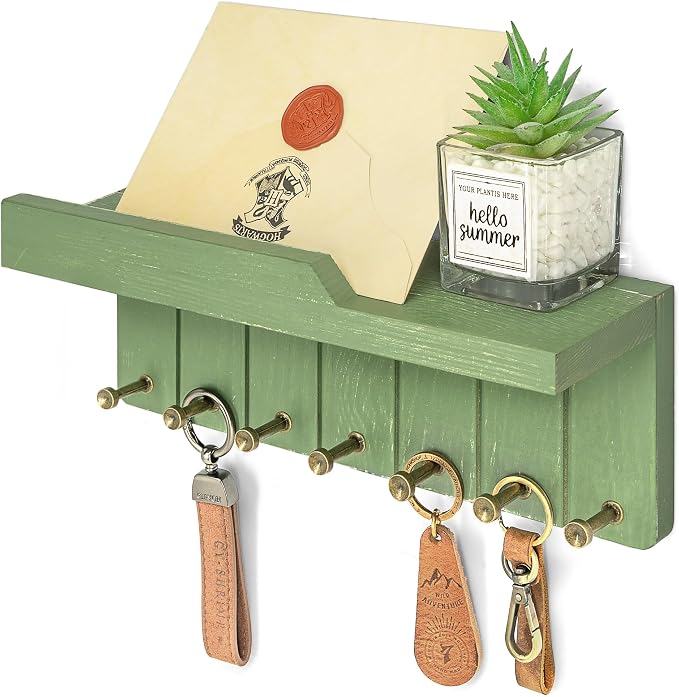 Rebee Vision Pine Wood Key Holder Wall Mount – Rustic Farmhouse Key Holder for Wall with 7 Sturdy Hooks for Hats, Leashes & Small Essentials – Stylish Apartment Essentials Decor(Green)