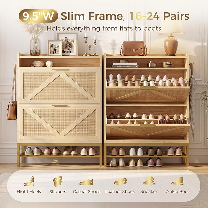 IRONCK Shoe Cabinet with 2 Flip Drawers, 48.3" H x 34.2" W x 10.2" D, Rattan Shoe Storage Organizer Cabinet with 4 Side Hooks, Free Standing Narrow Shoe Rack Cabinet for Entryway, Natural Oak