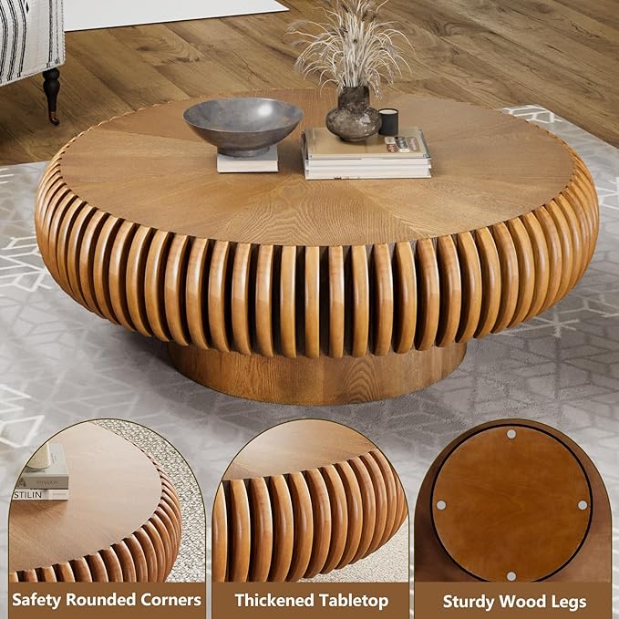 Round Coffee Table for Living Room, Modern Drum Center Table, Fluted Side Table with Sturdy Base Circle Tea Table for Bedroom, Office, Apartment (Brown 31.5”)