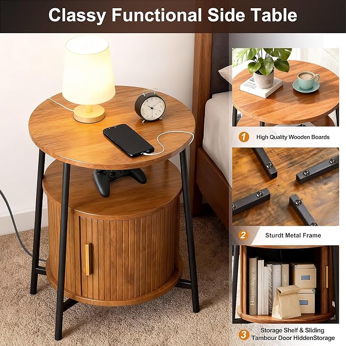 DHH Round End Tables with Charging Station, Fluted Accent Side Table with Sliding Door, Mid-Century Modern Nightstand for Small Space Storage, Living Room, Bedroom,Sofa Couch(Yellow)