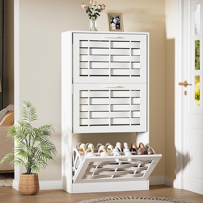 White Shoe Cabinet Storage with 3 Flip Drawers for Entryway, Slim Shoe Rack Cabinet with Woven Design Drawers, Narrow Shoe Organizer for Hallway, Apartment