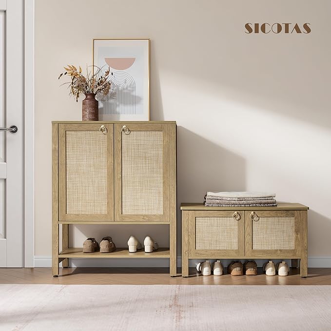SICOTAS Shoe Storage Cabinet for Entryway - 5 Tier Rattan Entry Shoe Organizer Cabinet with Shelves & Doors, 2 Pieces Farmhouse Boho Shoe Rack for Hallway, Living Room, Closet (Carbon Cherry)