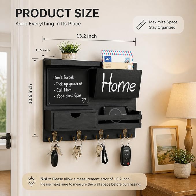 Dvobez Black Farmhouse Key Holder for Wall with Mail Organizer, 6-in-1 Entryway Organizer with Chalkboard, Drawer, Phone Wallet Holder, Top Shelf and 4 Double Hooks