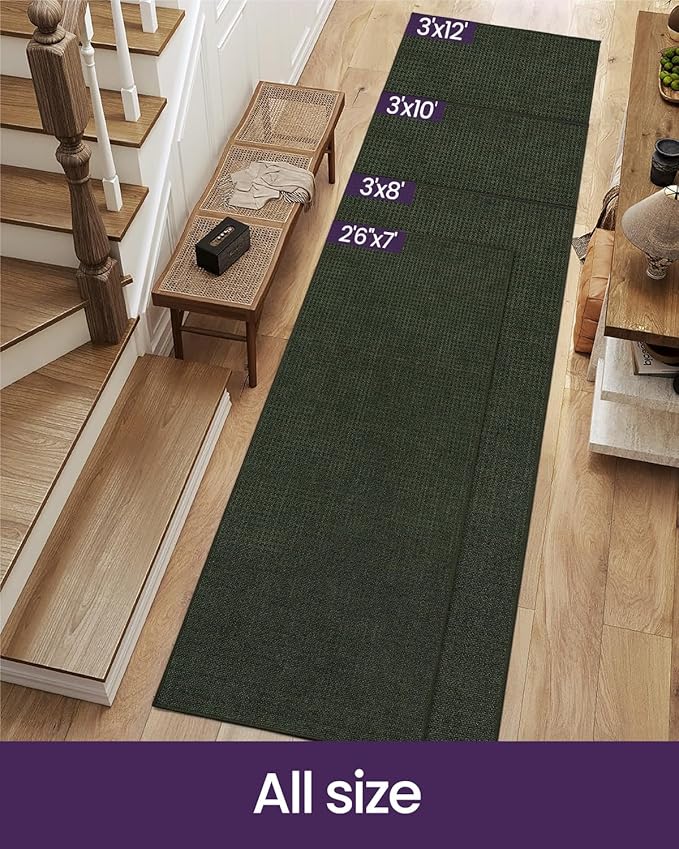 DEXI Hallway Runner Rug 3x10, Non Slip Low Pile Entryway Rug Runners with Rubber Backing, Dirt Trapping Hallways Floor Carpet for Indoor Hall Kitchen Bedroom Bathroom Laundry Room, Olive Green