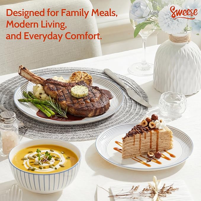 Sweese Lightweight Dinnerware Sets, Plates and Bowls Set for 6, 18 Pieces Stripe Dishes - Chip and Scratch Resistant, Microwave and Dishwasher Safe Porcelain Dinner Sets, Blue