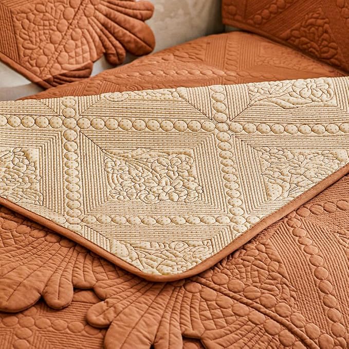 vctops Neutral Cotton Quilted Couch Sofa Cover Floral Embroidery Non-Slip Sectional Couch Covers Soft Cozy Sofa Slipcover for Dogs Cats Pet Armrest Backrest Cover (Brown Orange,36"x47")